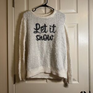 Cozy White Fuzzy Sweater with 'Let it Snow' Design